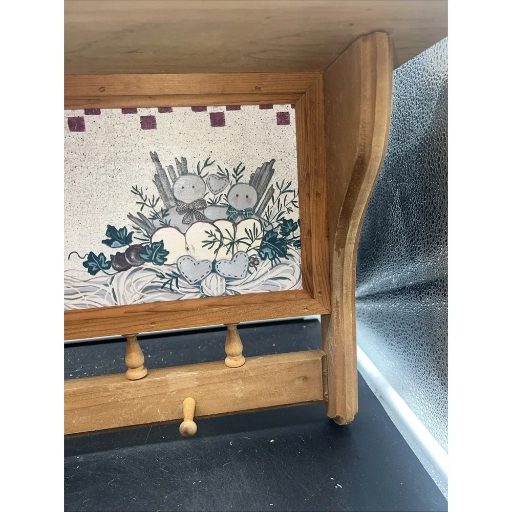 VTG Wood Framed Cottagecore Art Picture Wall Shelf Hanging Pegs Kitchen Bath